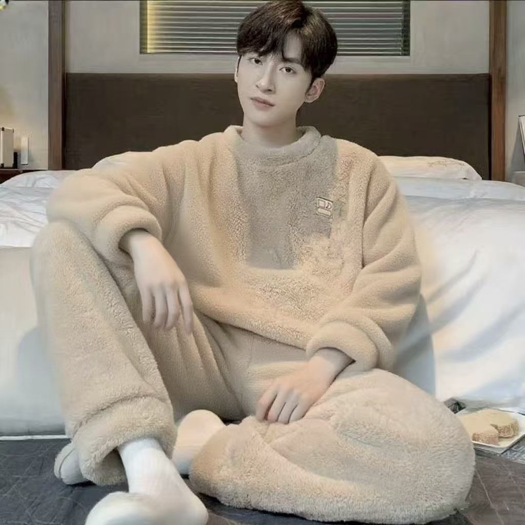 Pijamas de coral de lana para hombre invierno nuevo dulce dibujos animados geométricos osos simple fuera de vestir ropa casera