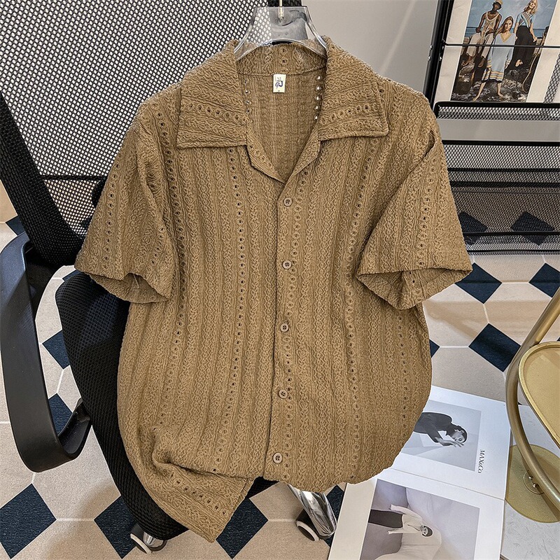 Source Factory Summer Thin Breathable Hollow Lace Cuban Collar Short-Sleeved Shirt Plus Size Men's Loose Lining Top