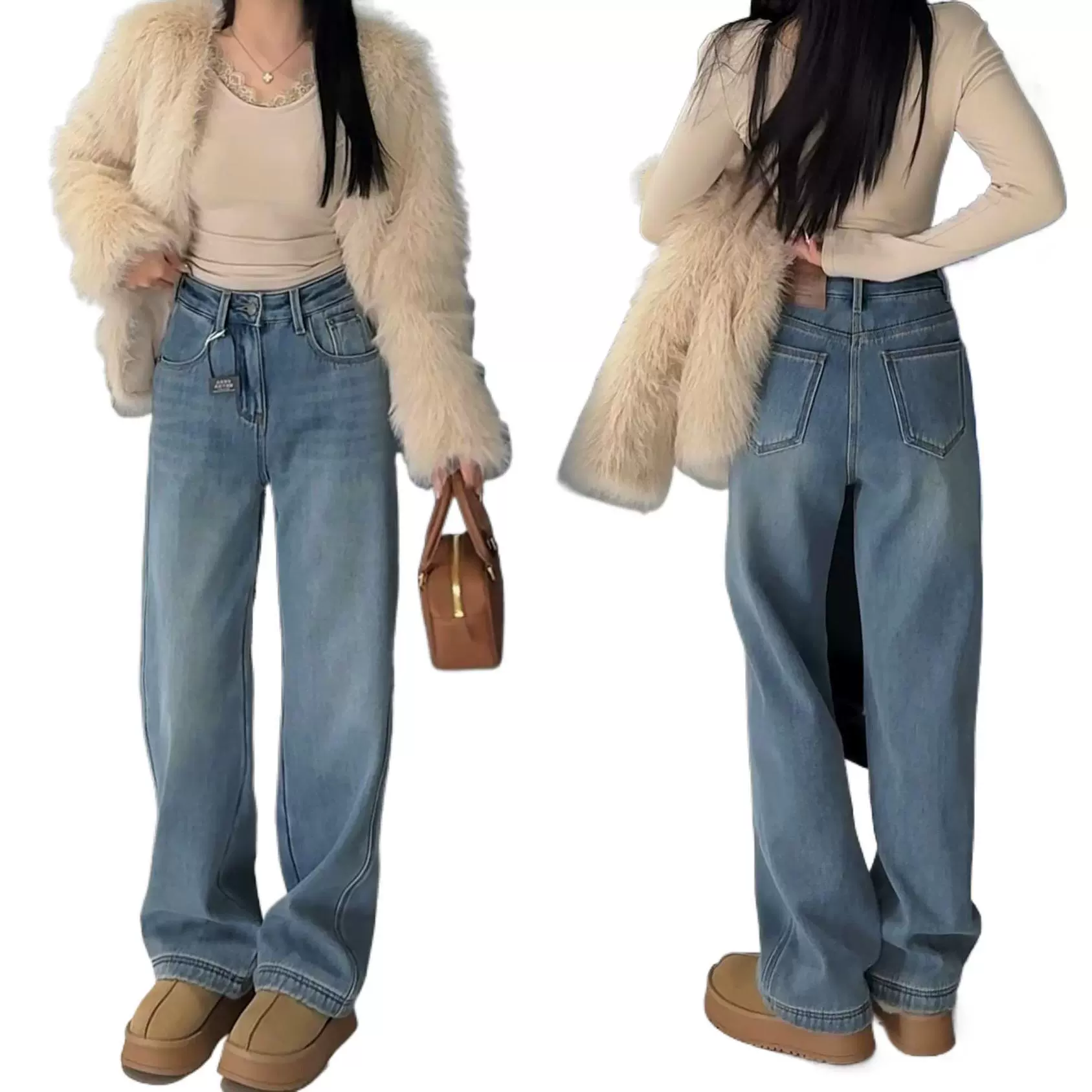 Зимние новые толстые бархатные джинсовые широкие брюки с высокой талией тонкая голубая швабра