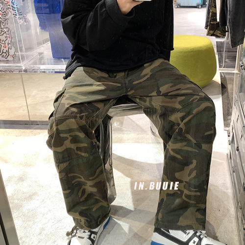 Vintage American Retro Camouflage Work Pants for Men Spring Autumn High Street Ins Trendy Brand Oversize Drawstring Pants