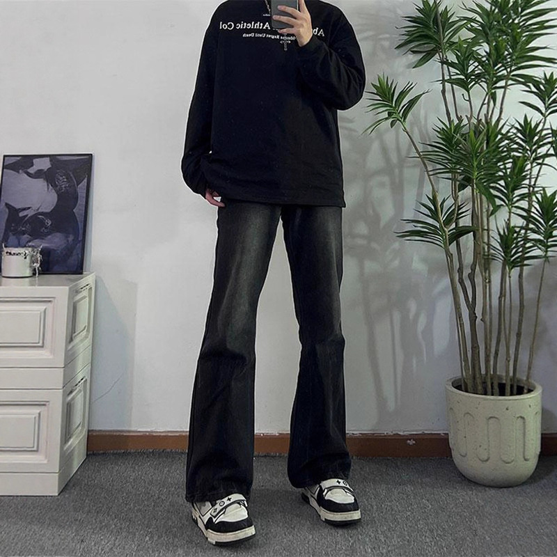 Black Gradient Jeans for Men, Autumn American High Street Vintage Distressed Versatile Straight-Leg Pants, Trendy Brand Versatile Flared Pants