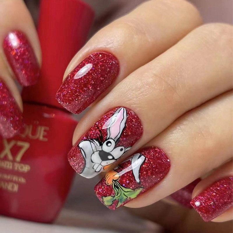 Spring and summer short square red flash wear nail piece cute rabbit carrot design Easter fake nails