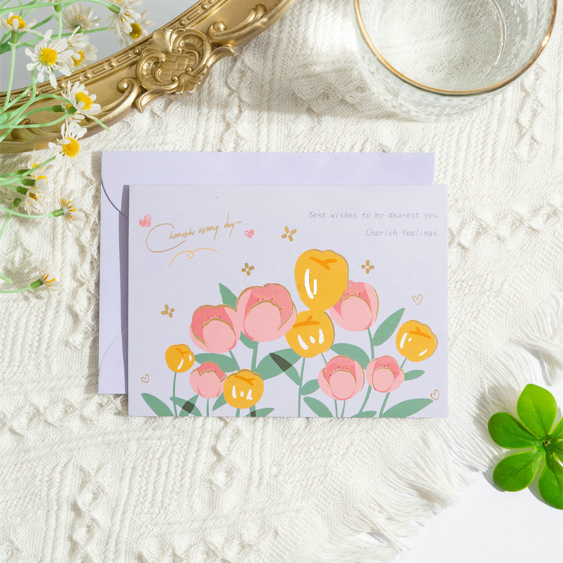 Tarjeta de felicitación con ramo de flores plegado en papel dorado para el Día de la Madre, tarjeta de felicitación con mensaje de bendición de floristería, sobre al por mayor