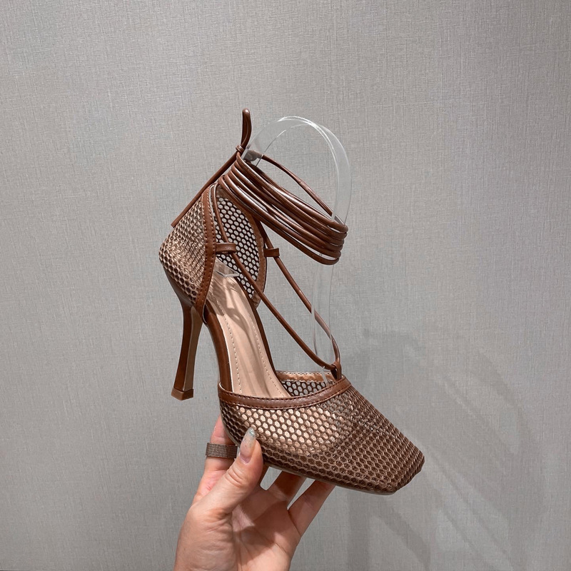 2021 Cross-border Foreign Trade Europe And The United States Rome Straps Mesh Yarn Sandals Ultra-high Heels Square Toe Stilettos Heels