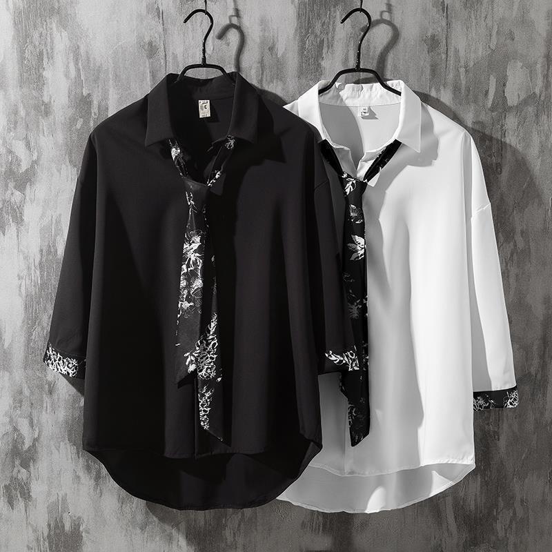 Loose Tie Black Couple Long-Sleeved Splicing Men's Shirt 2024 Spring New Style Lazy Style Korean Style Top Trendy