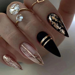 Luxurious dark black gold liquid sweet cool almond style spicy girl wearing nails, European and American foreign trade factory direct sale finished goods wholesale