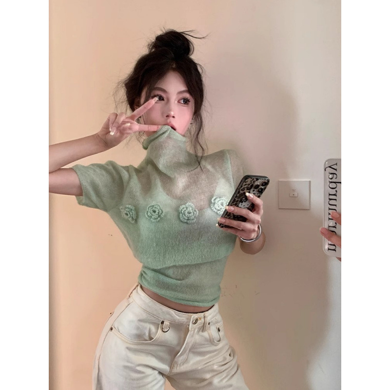 Camellia Ice Silk Short-Sleeve Knit Top for Women, Summer Thin Style, 2025 New Model, Sheer Sexy Short T-Shirt, High-Neck Top Camellia Ice Silk Short-Sleeve Knit Top for Women, Summer Thin Style, 2025 New Model, Sheer Sexy Short T-Shirt, High-Neck Top