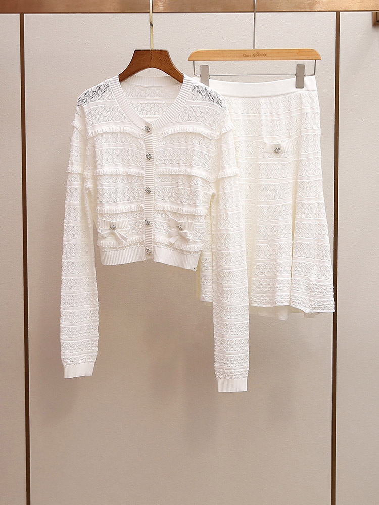 Spring and Summer New Style French Chic Lace Striped Top + A-Line Ruffled Skirt Knitted Suit for Women