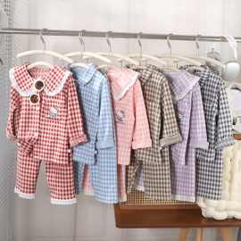 格子加厚睡衣男款女款中大童卡通加绒长袖宽松家居服男女通用棉