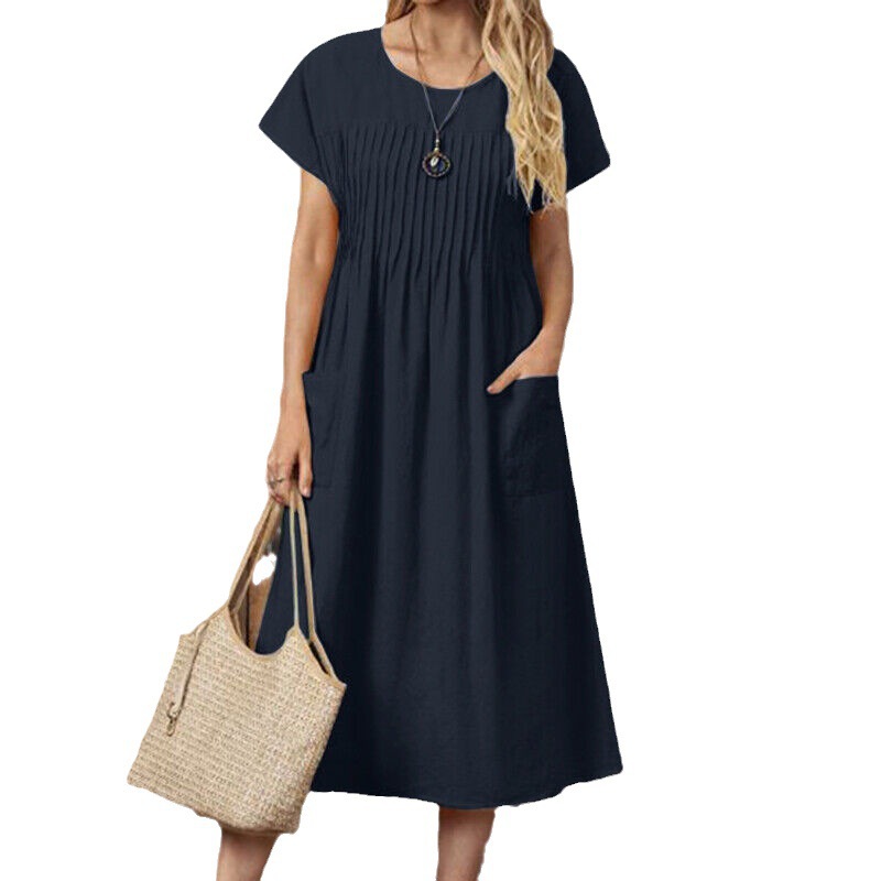 Women's Long Skirt Solid Color Round Neck Pocket Detail Cotton Linen Blend Dress_ecoleips.com