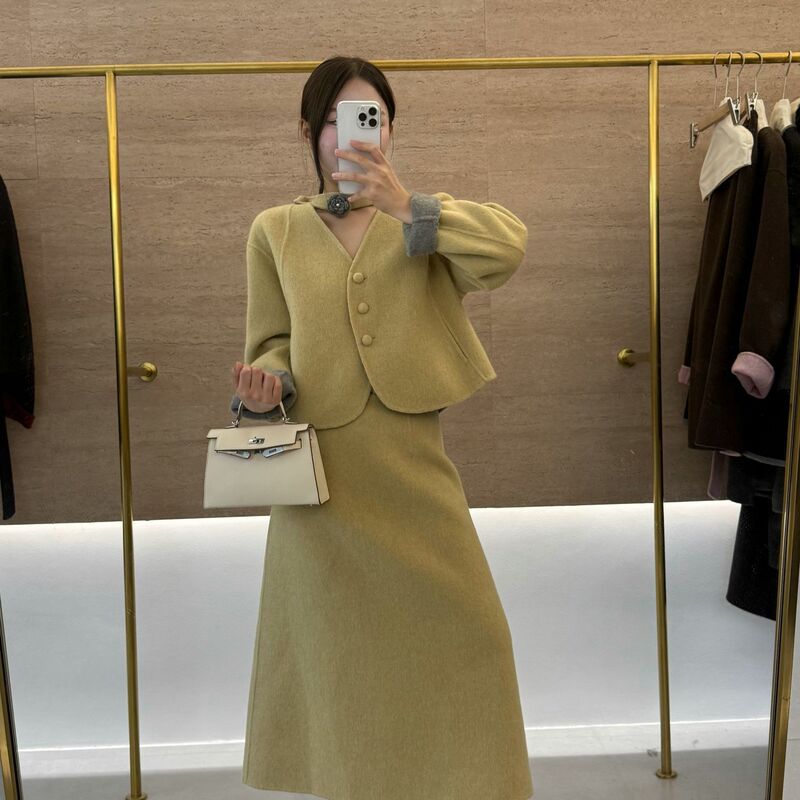 Chanel-style yellow double-sided cashmere coat women's suit 2026 autumn and winter new elegant ladylike woolen coat