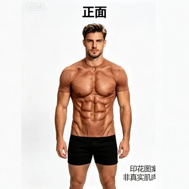 Men's 3D simulated muscle short-sleeved shirt with fake eight-pack abs on the front, a funny and playful top, sourced directly from a factory for international sales