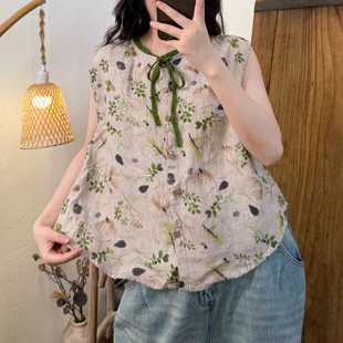 2025 New Summer Casual Versatile Fungus Collar Buttoned Printed Rain Dew Linen Sleeveless Top Shirt for Women