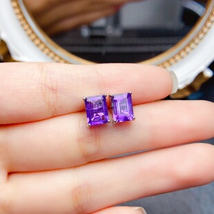 New Natural Amethyst Stud Earrings S925 Silver Inlaid Main Stone 6*8mm Versatile Trendy Popular Women's Jewelry Wholesale
