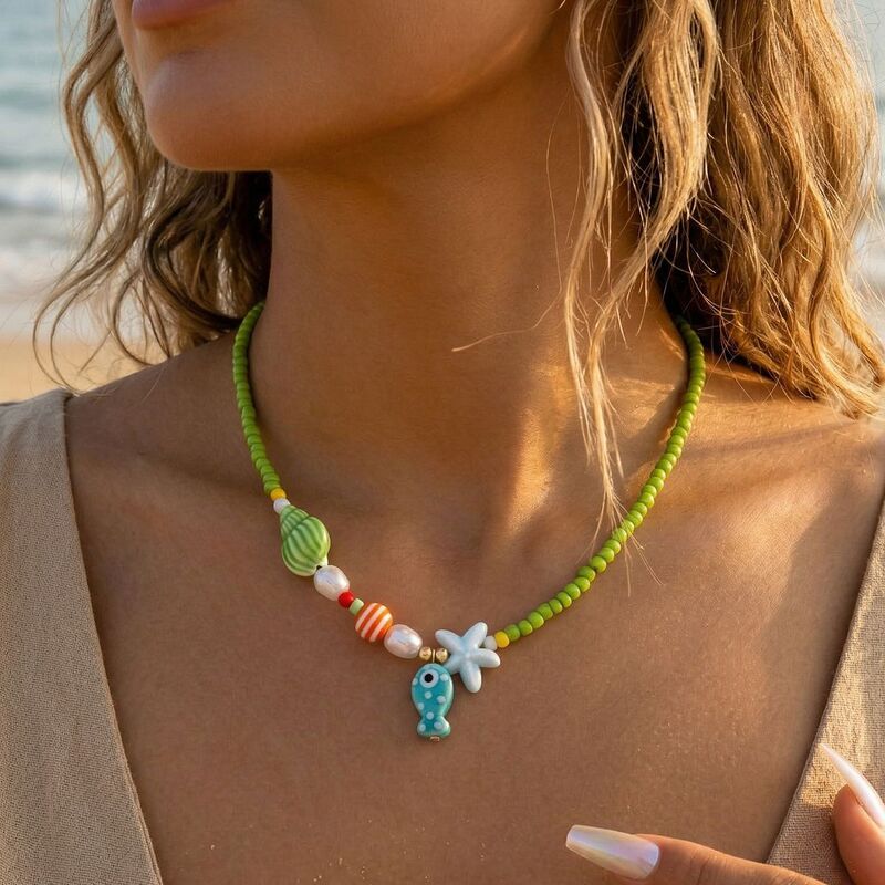European and American Cross-Border New Bohemian Fish Pendant Starfish Turquoise Necklace Ins Style Beach Beaded Clavicle Chain