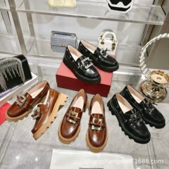 高端2025新款真皮圆头复古浅口水钻方扣一脚蹬厚底乐福鞋小皮鞋女