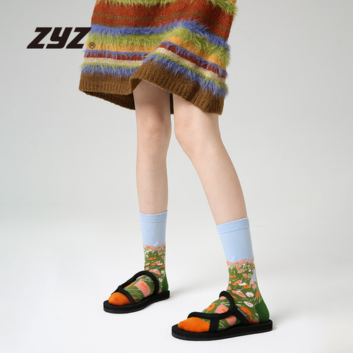 ZYZ original 5 pairs of gift box style women's socks cartoon landscape illustration printed mid-calf socks that do not tighten the feet combed cotton socks for women
