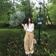实拍 2025亚麻拉链正肩衬衫条纹翻领外套+ 弯刀立体阔腿休闲裤女