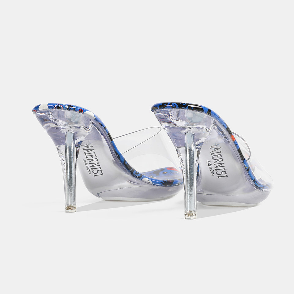Dép sandal nữ quai ngang mũi hở, đế mỏng gót nhọn cao trên 8 cm, phối họa tiết trong suốt — Màu xanh da trời, trắng, đen
