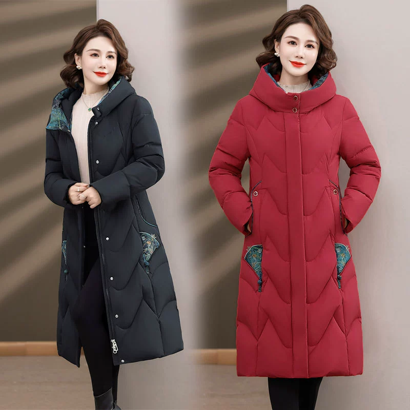 Зимний длинный пуховик для мамы, женское длинное утолщенное черное пальто выше колена с вышивкой, утолщенное пальто для среднего и пожилого возраста, зимняя одежда 2023 года