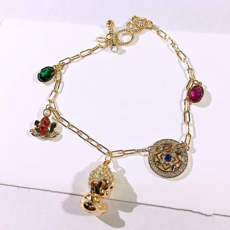 [New Product] Shijia Mysterious Golden Buddha Mandala Bracelet Retro Red and Green Lotus t Buckle Water Drop Bracelet