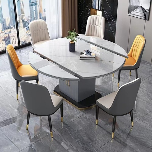 Light Luxury Quartz Stone Dining Table for Home Use: Compact Round Table with Modern Minimalist Design, Telescoping & Folding Features, Solid Wood Construction, and Built-in Storage Cabinet for Dining Chairs