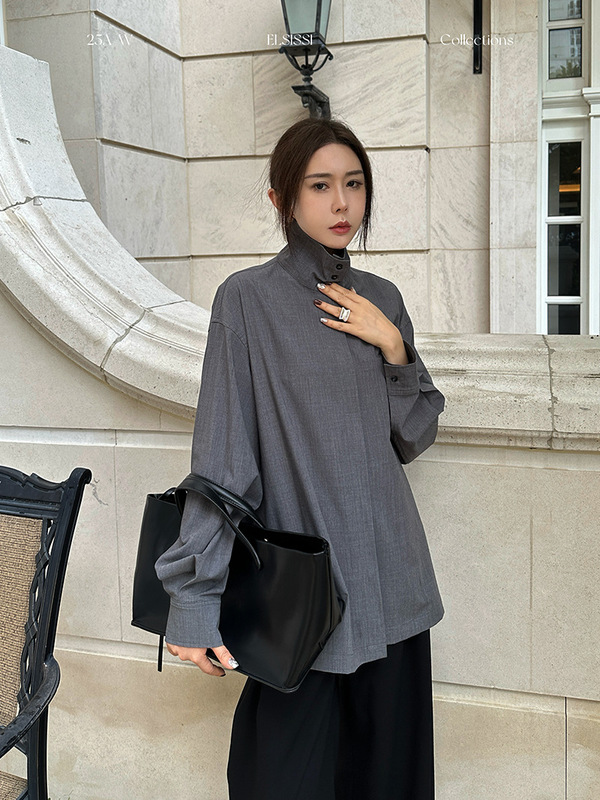 ELISISSI十三行口袋高领长袖衬衫女2025秋装新款高级感气质衬衣|undefined