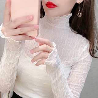 柔软高领蕾丝打底衫女秋冬洋气网纱内搭白色百搭条纹木耳边上衣