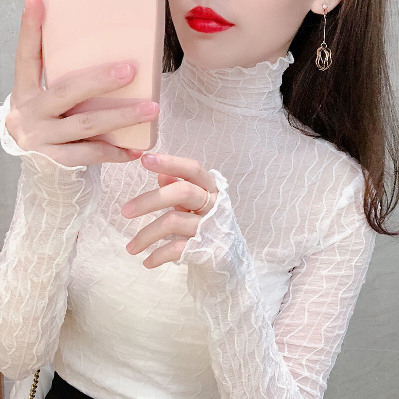 Soft High-Neck Lace Bottoming Shirt for Women in Autumn and Winter, Stylish Mesh Inner Layer with White Versatile Stripesd Fungus Edge Top