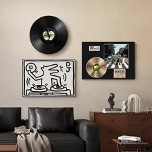 高级感艺术组合装饰画带时钟CD黑胶唱片挂画餐厅黑白复古风壁画