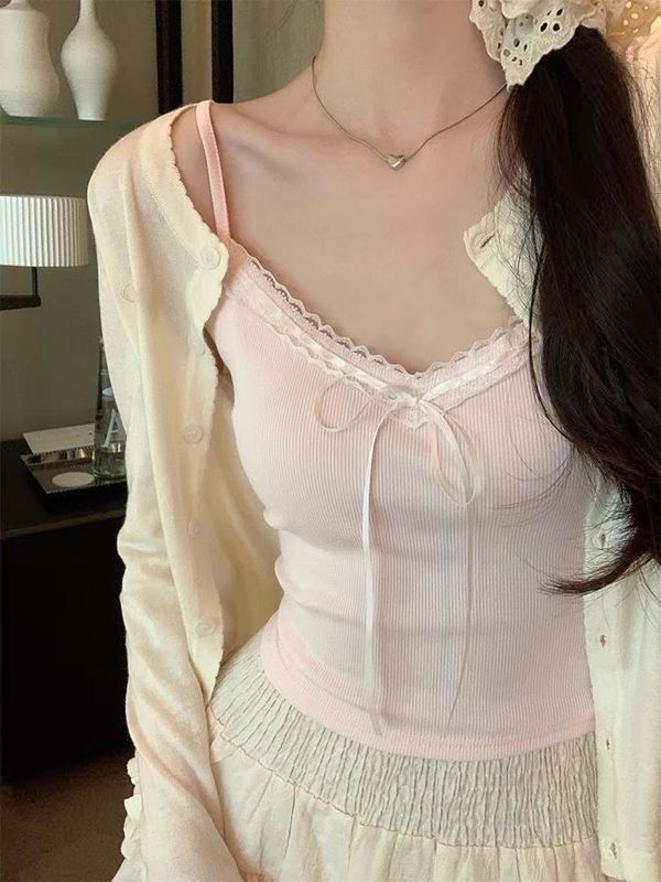 蕾丝吊带背心女蝴蝶结纯欲甜辣妹新款白色内搭打底带胸垫外穿夏季|undefined