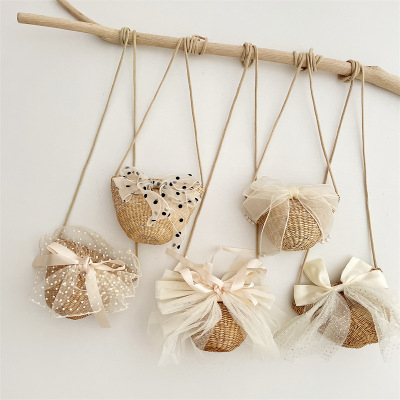 children The single shoulder bag Western style Lace Wave bow children Straw Bag girl baby modelling Inclined shoulder bag