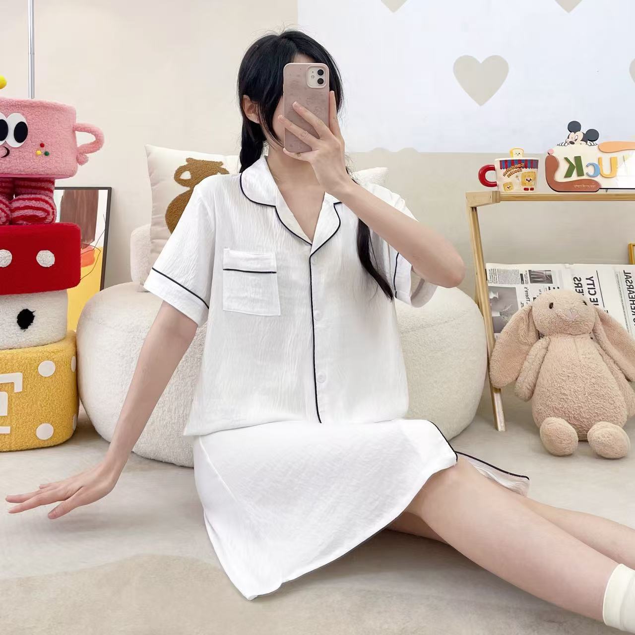 Nube de algodón vestido de pijama de mangas cortas de color sólido simple Cardigan relajado comercio exterior transfronterizo vestido grande se puede usar fuera