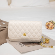 香港代购真皮山茶花小香风2022新款潮菱格链条小金球斜跨单肩包