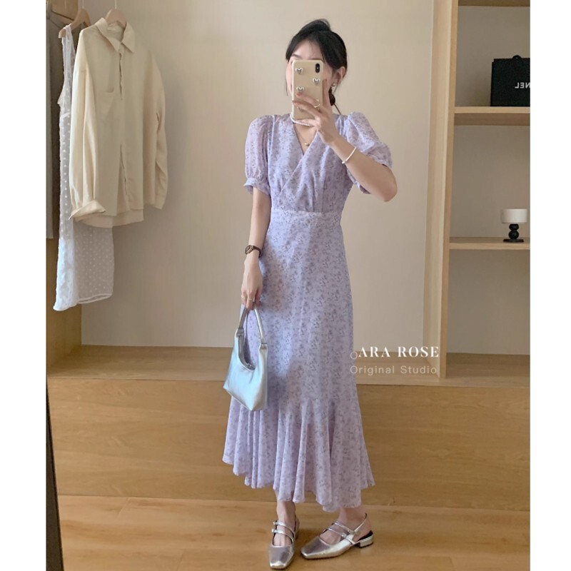 ライトパープルの夢のような美しい青と紫の花柄ドレス夏の新しい気質痩身ウエストドレス女性用|undefined