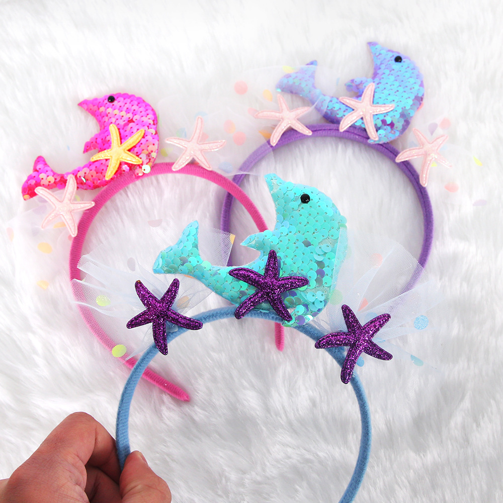 Transfronterizos de sequillas de cola de pescado banda de cabello chica fiesta de cumpleaños decoración mar serie tocado delfin estrella de mar banda de malla de hilo