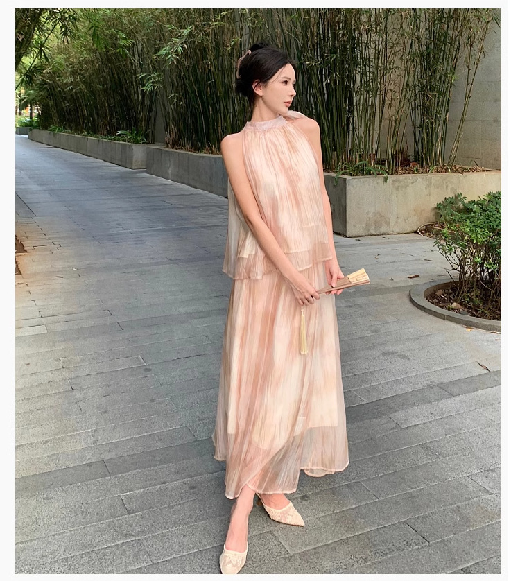 【中國直郵】 奢笛熊 新中式國風復古紮染油畫掛脖上衣 夏季高腰寬鬆半身裙 兩件套裝 M碼