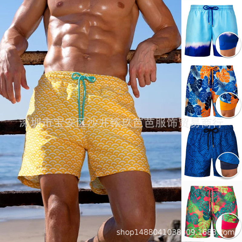 Cross-border 2023 Summer European and American Men's Beach Pants Sports Printing Double Shorts Product Upgrade Pocket Drainage