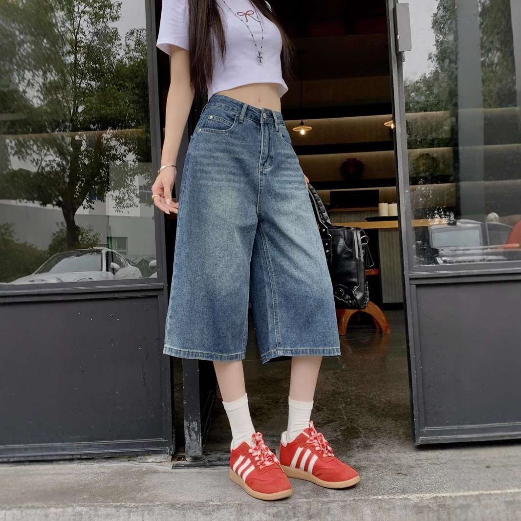 Cropped Pants Vintage All-match Women's High Waist Jeans Loose Short Wide Leg Pants Blue Washed Summer Straight Pants