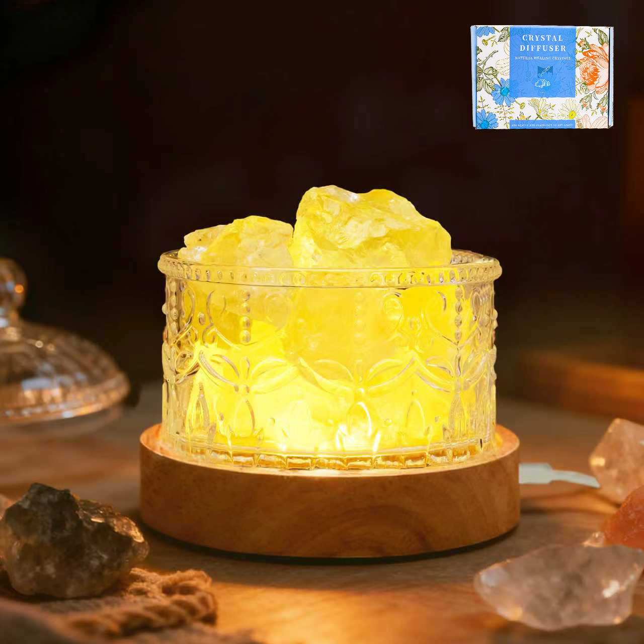 [Caja de regalo] Citrino de 2-4 cm, 300 g + cuenco de cristal con corona + base USB redonda tricolor