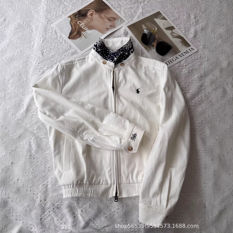 Original Rl Pony Embroidery Logo Old Money Style Jacket Blue and White Color-Blocking Lapel Zipper Jacket Age-Reducing Versatile Top for Women
