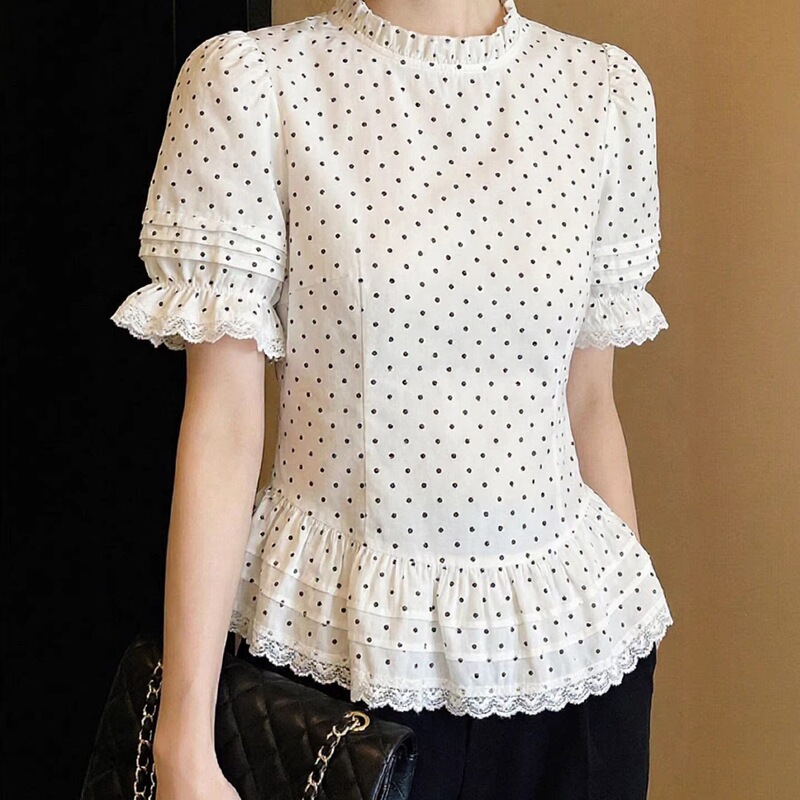 Outlet Clearance Brand Label-Cut Surplus Stock 2026 New French Style Fashionable Lace Polka Dot Short-Sleeve Shirt