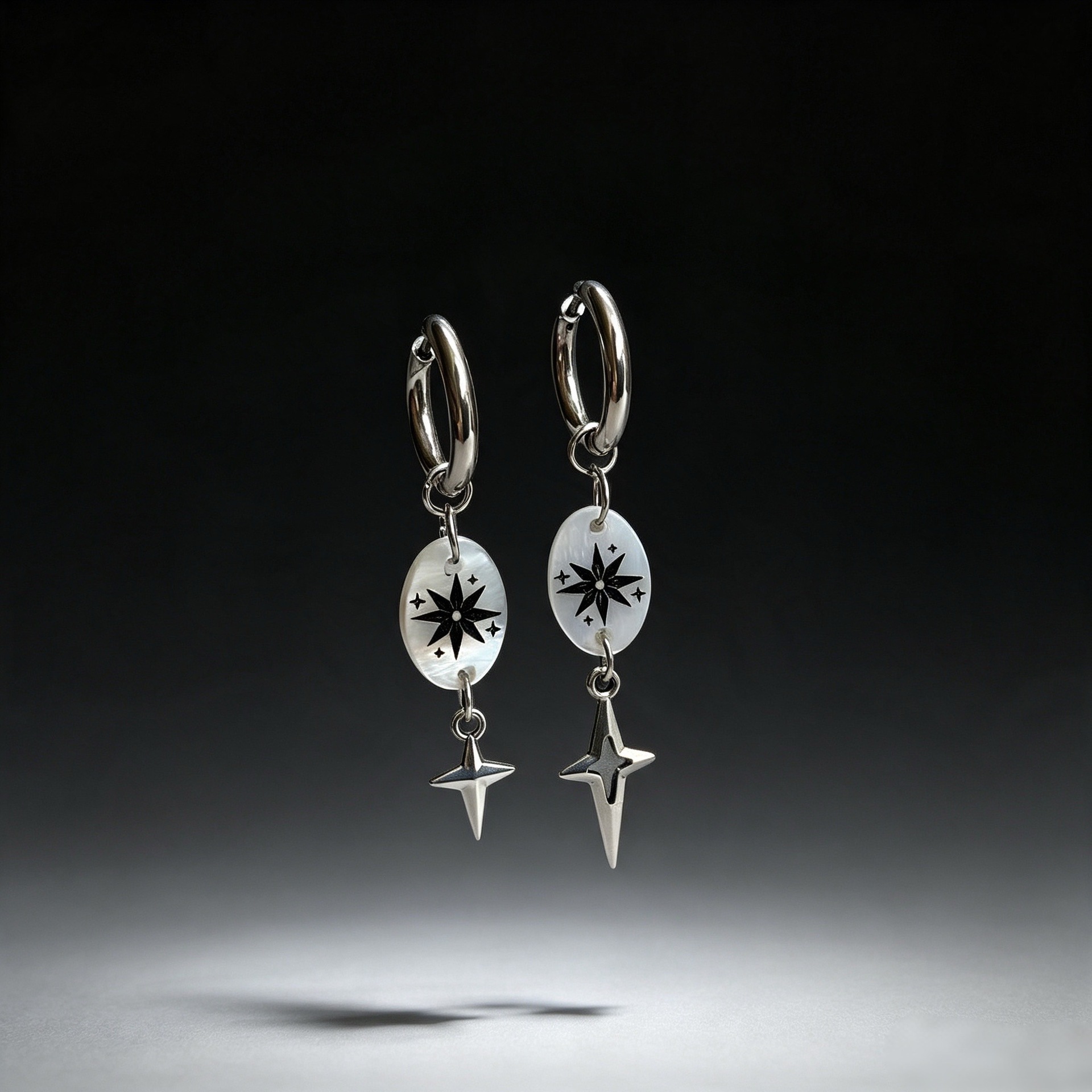 Mother-of-pearl asymmetrical eight-pointed star earrings, niche star and four-pointed star pendant earrings, minimalist and cool style earrings