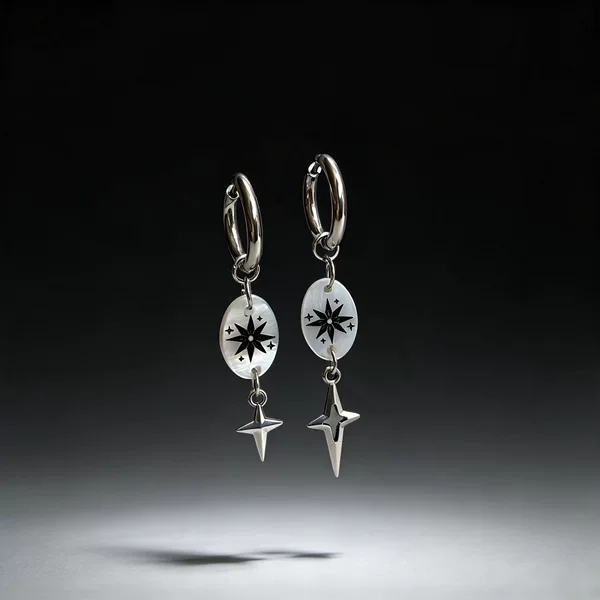 Mother-of-pearl asymmetrical eight-pointed star earrings, niche star and four-pointed star pendant earrings, minimalist and cool style earrings