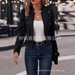 2025欧美跨境纯色双排扣装饰夹克外贸新款鹿皮绒复古长袖外套现货