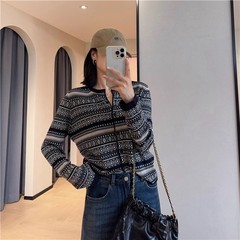 GE825复古小众费尔岛提花圆领单排扣开衫绵羊毛针织衫女2025秋