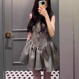 【带安全裤】花一格纹无袖蓬蓬短款娃娃裙少女感减龄连衣裙