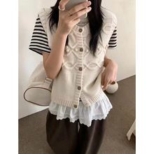 韩系高级感粗毛线麻花针织开衫马甲背心女早秋季叠穿无袖外搭坎肩