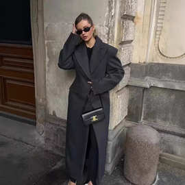 欧美跨境2025秋冬女装新款气质修身翻领三粒扣长款毛呢大衣外套