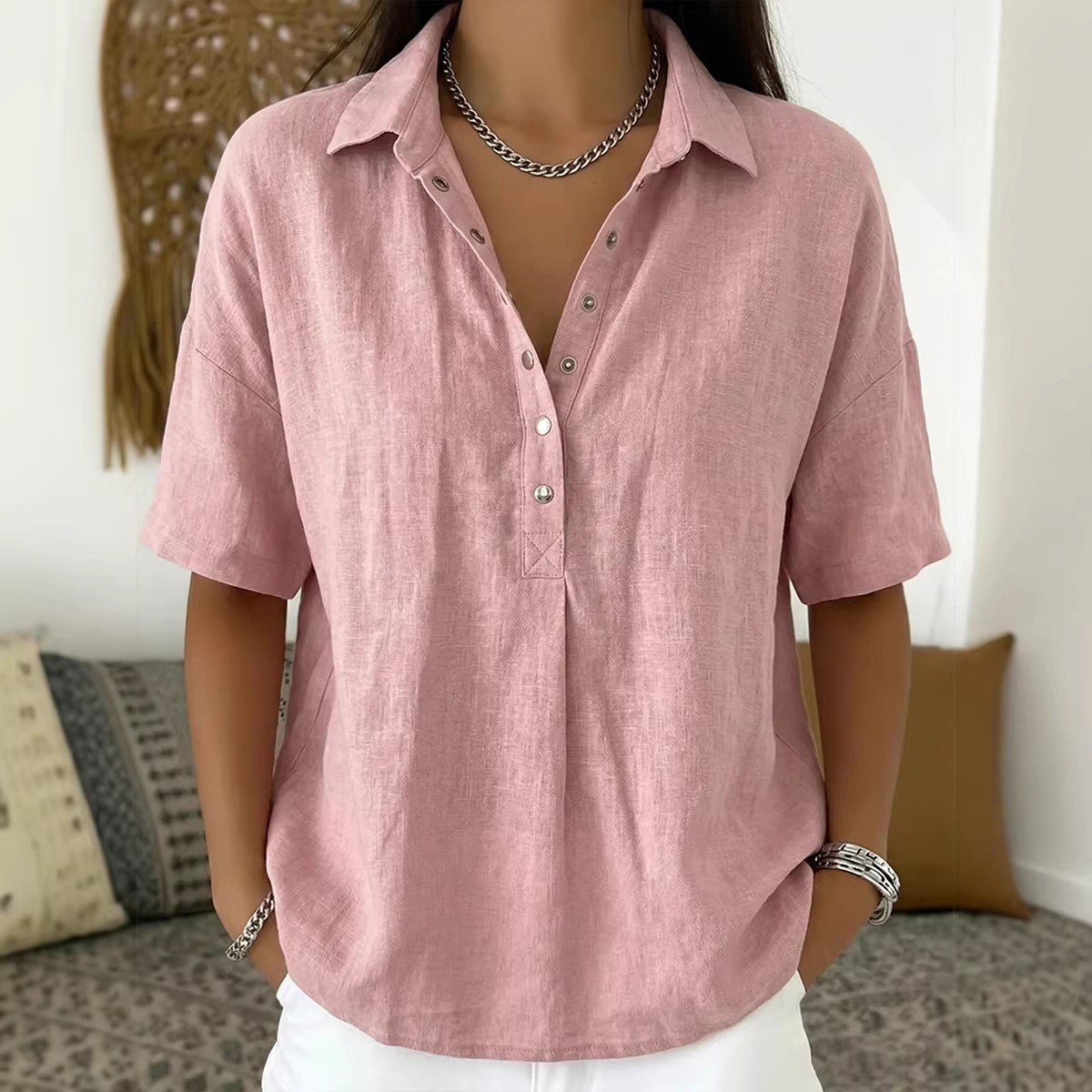 Europa y Estados Unidos transfronterizos Amazon estación independiente 2026 verano nuevo estilo de ropa de mujer comodidad con solapa de manga corta camisa sólida